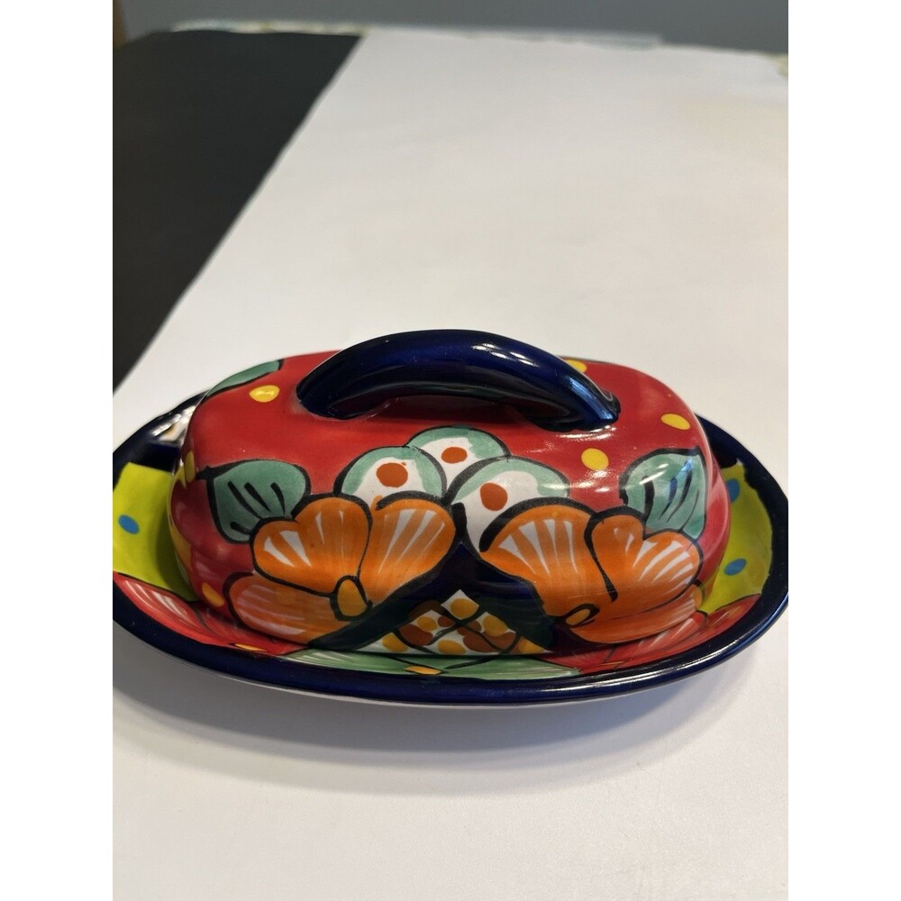 Talavera Pottery Mexican Folk Art Red Blue Flower Butter Dish - ** LEAD FREE **